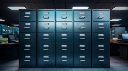 A row of filing cabinets, full of documents and folders