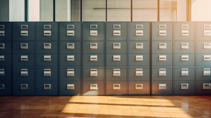 A row of filing cabinets, full of documents and folders - obrazy, fototapety, plakaty