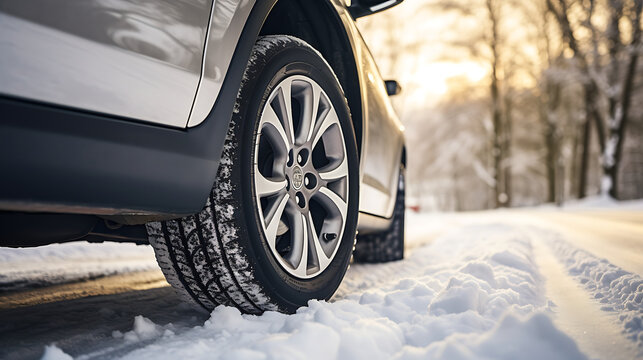 Wintertime tire. Close-up of vehicle tires in snowy winter conditions on a snow-covered road
