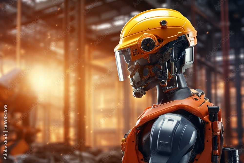Poster generative ai : engineer robot wearing yellow safety helmet_