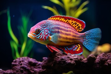 Generative AI : Colorful of ornamental fish, African cichlids (Malawi Peacock) in fish tank.