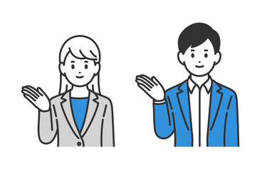 案内のポーズをするビジネスパーソン男女のセット【人物ベクターイラスト素材】