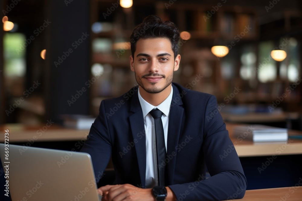Poster generative ai : portrait of young businessman, man smiling and looking at camera while sitting insid