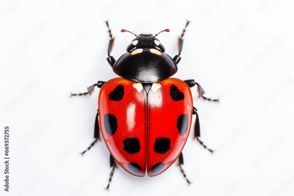 Poster generative ai : extreme macro shots, beautiful ladybug on flower leaf defocused background.