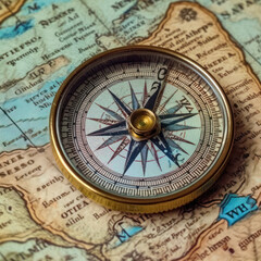 Fototapeta na wymiar Vintage compass On a sea chart cardinal points worn 