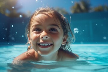 Fototapeta na wymiar Generative AI : A little girl is swimming alone in the pool.