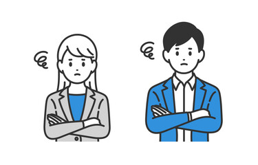 腕を組んで悩むポーズをするビジネスパーソン男女のセット【人物ベクターイラスト素材】