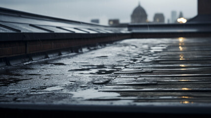 A rooftop with a few drops of rain running down the drainpipe