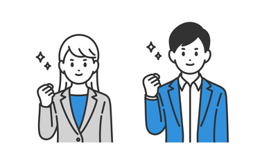 ガッツポーズをするビジネスパーソン男女のセット【人物ベクターイラスト素材】