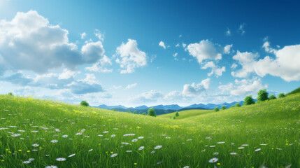 Fototapeta premium A rolling hillside of lush green grass, dotted with wildflowers of various colors, stretches as far as the eye can see The sky above is a brilliant blue, with a few white clouds lazily floating by