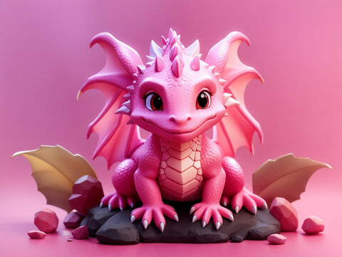 A Cute Baby Dragon on Pink Background