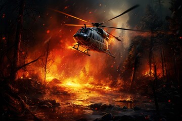 Fire helicopter flying over a burning forest