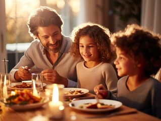 Happy family &nbsp;having easter dinner together to celebrate christmas Thanksgiving holiday in cozy home