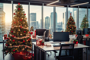a decorated christmas tree in an office with large windows looking out onto the cityscapearchiron com