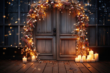 a wreath with candles and christmas lights in front of an old wooden door, lit by the light of a candle