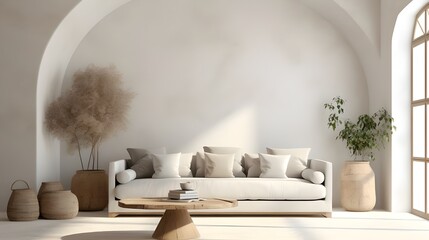 beautiful white living room with beautiful white arched windows, in the style of naturalistic landscape backgrounds, light brown and beige, zen minimalism, mediterranean-inspired, concrete, rendered