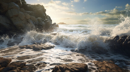 A rocky beach with waves crashing against the shore - obrazy, fototapety, plakaty