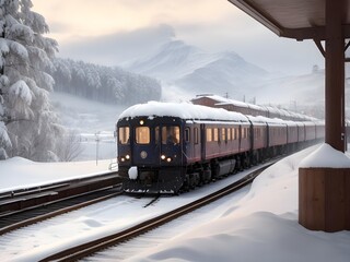 Bernina Express passes through the snowy woods  - obrazy, fototapety, plakaty