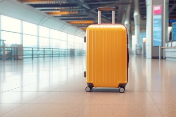 Generative AI : Travel luggage suitcase in terminal empty departure airport hall