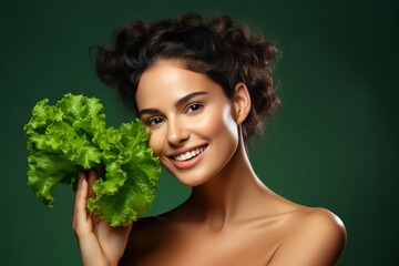 Fototapeta premium Generative AI : Woman with perfect skin holding green lettuce near her face