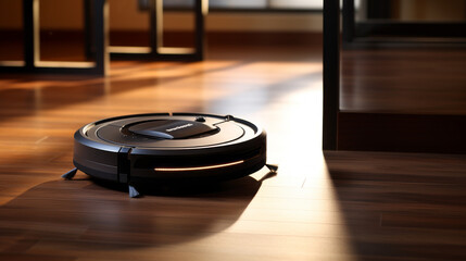 A robotic vacuum cleaner moves across the floor, its sensors detecting obstacles in its path