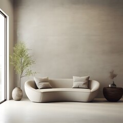 living room with sofas and a chair, in the style of curvaceous simplicity, realistic and naturalistic textures, concrete, warm color palette, soft tonal shifts, oriental minimalism, minimalist staging