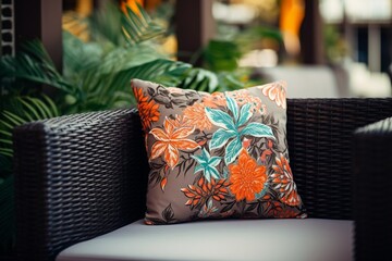 Generative AI : Pillow on sofa chair decoration outdoor patio with garden view for relax and leisure