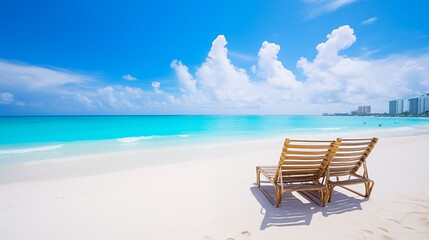 Naklejka na ściany i meble beach chairs and umbrellas on the beach