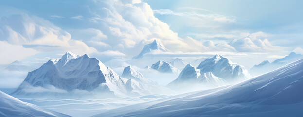 Fototapeta na wymiar Illustration of a snow mountain in a white, cold environment. Perfect for use as a banner or background with ample copy space.