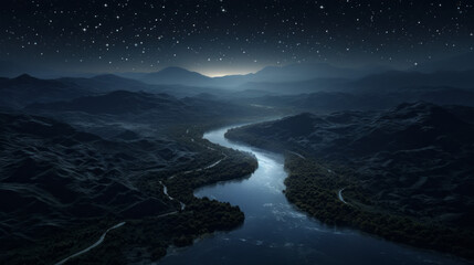 A river meanders through the darkness, the stars twinkling like tiny diamonds