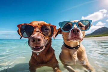 Generative AI : Two dogs are taking selfies on a beach earing sunglasses - obrazy, fototapety, plakaty