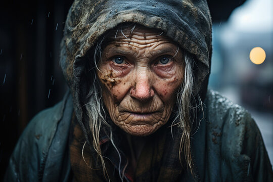  Close-up portrait of homeless woman with dirty hair depressed looking into camera, feeling anxious and tormented on stidio background. Social economic problems concept