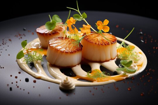 Generative AI : Delicious pan seared scallops on white plate fine dining restaurant