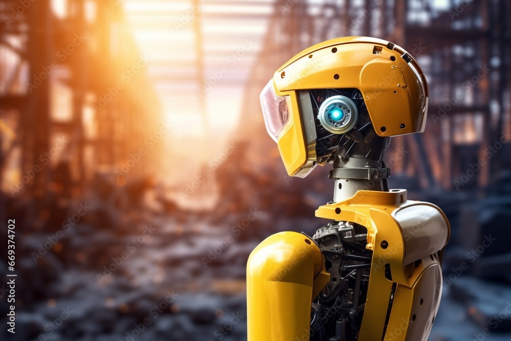 Poster generative ai : engineer robot wearing yellow safety helmet_