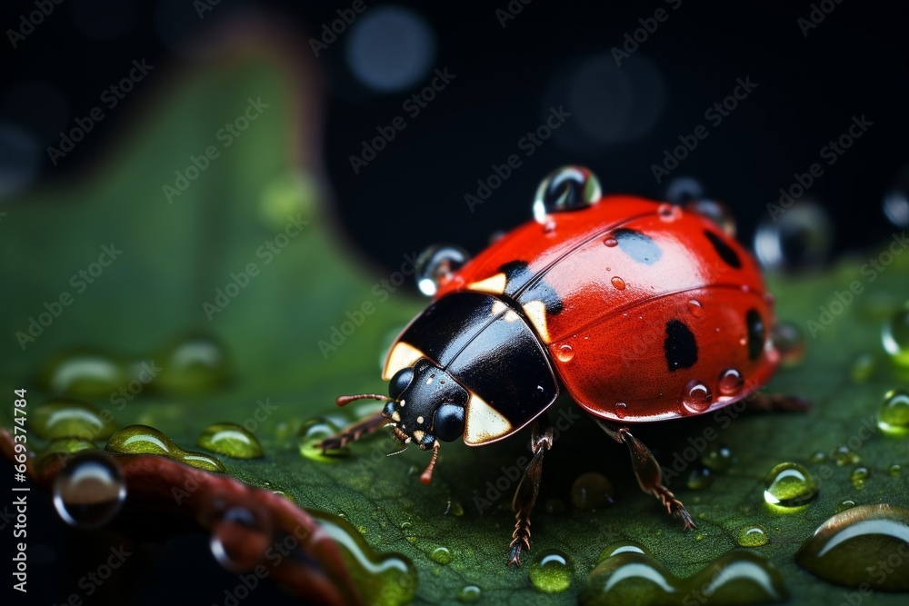 Poster generative ai : extreme macro shots, beautiful ladybug on flower leaf defocused background.