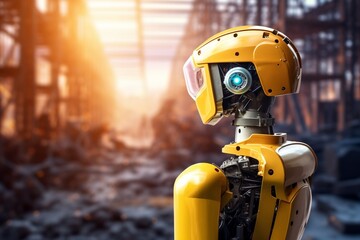 Generative AI : Engineer robot wearing yellow safety helmet_