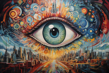 Obraz na płótnie Canvas A surreal illustration of a close-up of an eye over a colorful city landscape.
