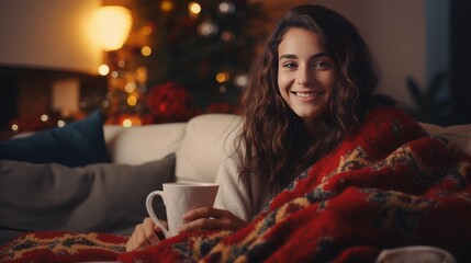A cute, smiling girl sits on the sofa under a blanket on Christmas and New Year's Eve