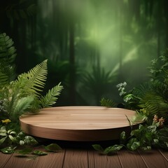 PRODUCT PRESENTATION WITH A WOODEN ROUND PODIUM IN TROPICAL FOREST AND GREEN NATURE BACKGROUND. AI GENERATED
