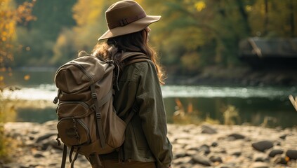 Woman with backpack standing by river