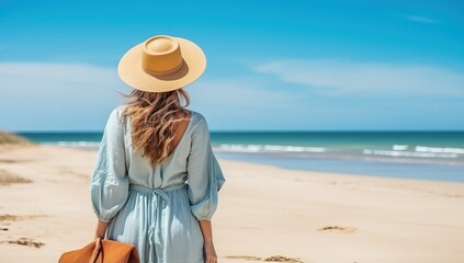 Fototapeta na wymiar Woman walking on beach with hat and bag