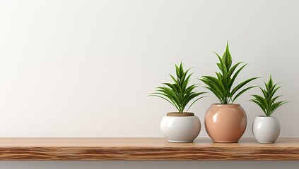 Three Potted Plants on Wooden Shelf