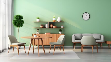 a living room with green walls and wooden furniture, in the style of pastel colors, silhouette lighting, kitchen still life, eco-friendly craftsmanship, wood, colorized