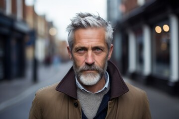Portrait of a senior man with grey hair and beard in the city.