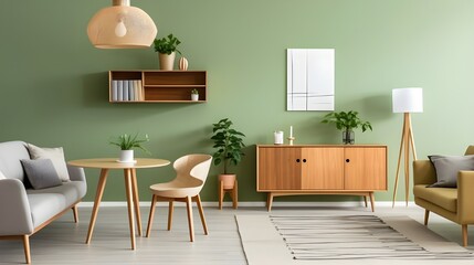 a living room with green walls and wooden furniture, in the style of pastel colors, silhouette lighting, kitchen still life, eco-friendly craftsmanship, wood, colorized