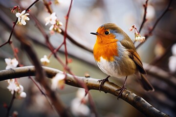 Generative AI : Small robin bird sitting on the branch of a tree