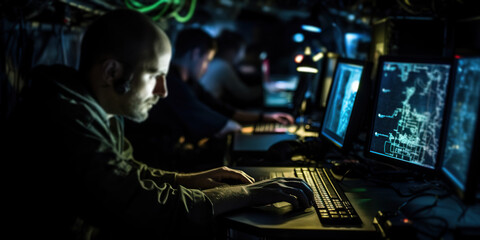 Soldiers analyze enemy forces in military command center - obrazy, fototapety, plakaty