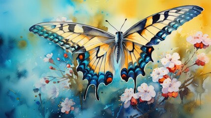 A beautiful watercolor of a butterfly on a flower with a soft yellow background. AI Generative