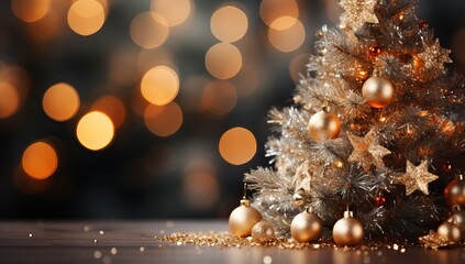 Christmas tree with golden baubles on bokeh lights background