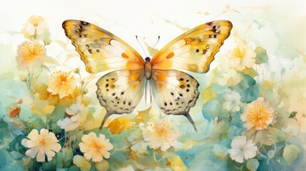 A beautiful watercolor of a butterfly on a flower with a soft yellow background. AI Generative © Horsi